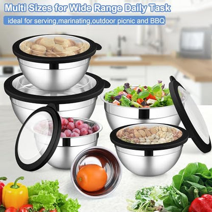 LIANYU Stainless Steel Mixing Bowls with Transparent Airtight Lids Set of 6 - color: Black, style: Atlas Base with Visible Lids
