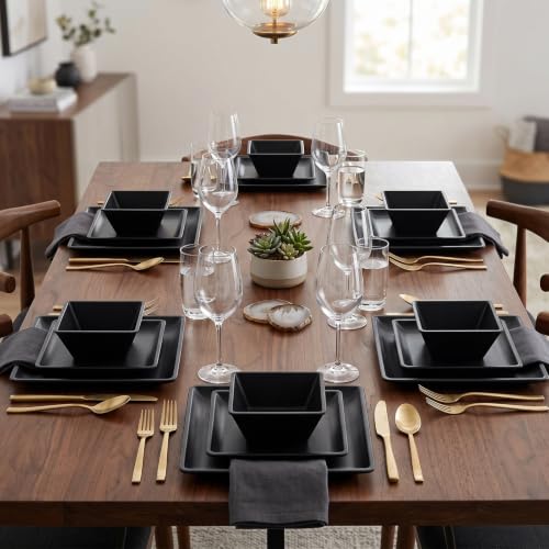 12 Piece Melamine Plates and Bowls Sets，Black Square Dinnerware Set for 4 - color: Pure Black