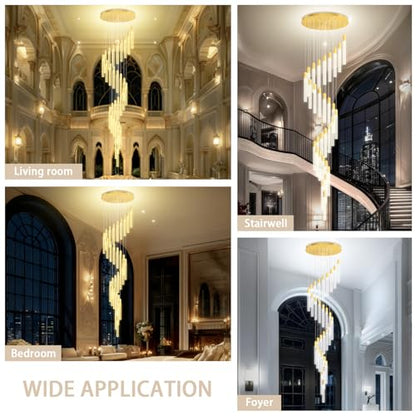 30-Light High Ceiling Chandeliers Large Crystal Column Chandelier Long Spiral LED Dimmable Chandeliers for Foyer Living Room Staircaes Entrance Gold D28in x H177in - color: Gold, size: 30-Light