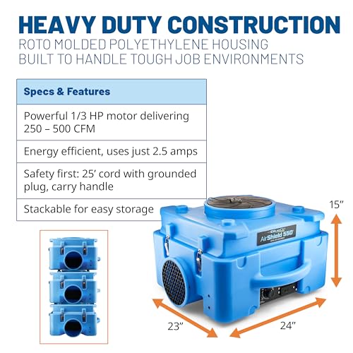 BlueDri Air Shield 550 HEPA Air Scrubber, Water Damage Restoration Equipment Air Purifier, Covers 1400 Sq. Ft, Daisy Chain Capable, For Commercial Use, Blue, BD-AS-550 - color: Blue