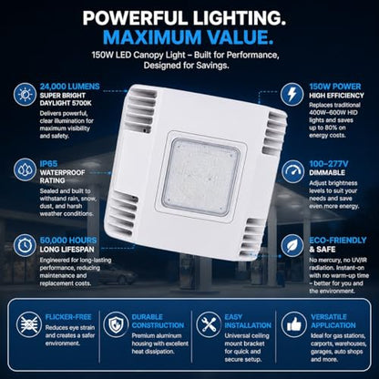 150W LED Canopy Light, 24,000LM, 5700K Daylight, Waterproof