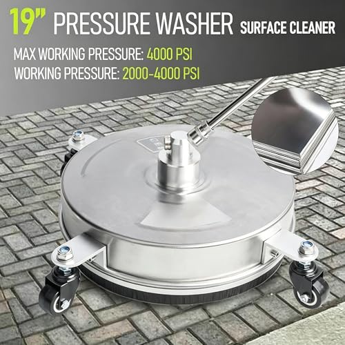Hourleey 19" Pressure Washer Surface Cleaner, Stainless Steel Surface Cleaner with 4 Wheels for Concrete, Patio, Sidewalk, Deck, Pathway 1/4" Quick Connector, 2 Extension Wand, 4000 PSI - size: 19 Inch