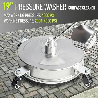 Hourleey 19" Pressure Washer Surface Cleaner, Stainless Steel Surface Cleaner with 4 Wheels for Concrete, Patio, Sidewalk, Deck, Pathway 1/4" Quick Connector, 2 Extension Wand, 4000 PSI - size: 19 Inch