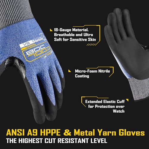 COOLJOB A9 Cut Resistant Safety Work Gloves with Grip, Touchscreen Nitrile Coated Heavy-duty for Glass Metal Sheet Handling - color: A9 Blue (Pack of 3), size: Small