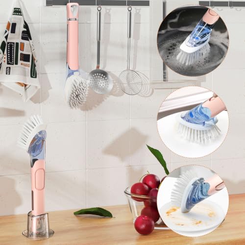 RIMAY Soap Dispensing Dish Brush Dish Scrubber with Soap Dispenser Handle - color: Pink