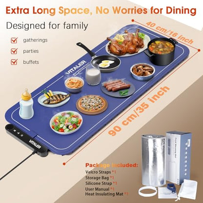 Warming Mat for Food, (XXL 35”x16”) Electric Warming Trays, Upgrade Graphene Fast Full-Surface Heating Mat for Food with 6 Level Temp, 6 Hours Timer, Food Warmer Pad with Heat-Insulating Mat - color: Blue