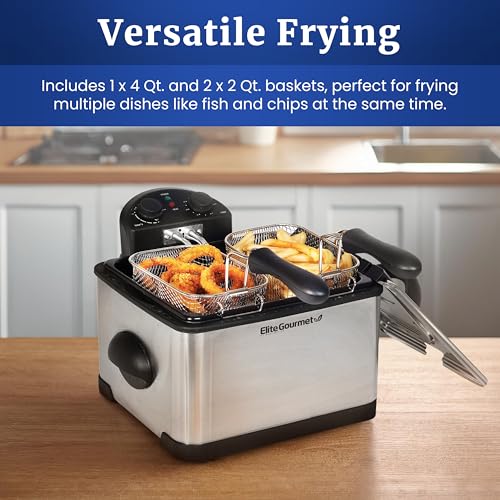 Elite Gourmet 4.5Qt Immersion Deep Fryer, 3 Baskets, 1700W, Adjustable Temp - color: Stainless Steel and Black, size: 3 Baskets