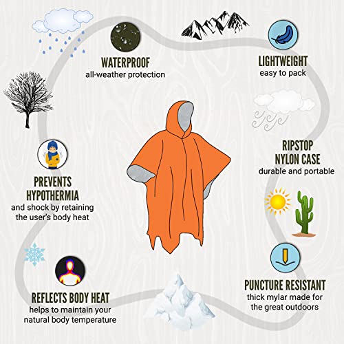 Lingito Rain Ponchos Family Pack - Emergency Drawstring Hood Poncho for Children & Adults Lightweight Reusable or Disposable - color: Orange, style: Thermal (3+1-pack)