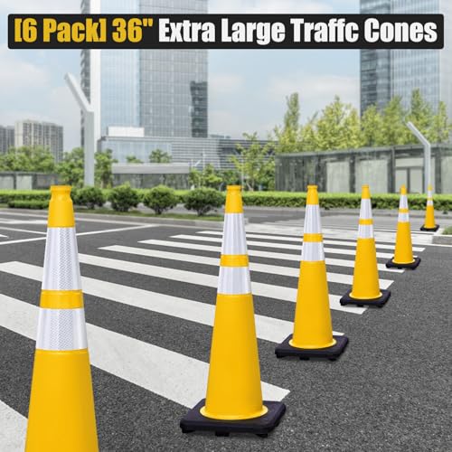 6 Pack 36" Large-Sized PVC Traffic Cones with Heavy-Duty Black Base, Garage Parking Lot Cones Structurally Stable Weatherproof Road Construction Safety Cones (6, Yellow, 36" Extra Large) - color: Yellow, size: 36" Extra Large