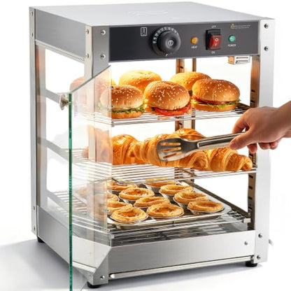 VEVOR 3-Tier Commercial Food Warmer Display, 800W Food Display Warmer with LED Light, Adjustable Shelf and Stainless Steel Frame, 86℉~185℉ Air Heating, 34L for Hamburger, Pizza, Bread, Fried Chicken - size: 3-Tier-36Qt