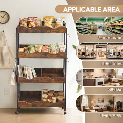 Snack Rack with Wheels,4-Tier Retail Display Shelves with 8 Metal Hooks,Tilted Design,Mobile Retail Display Stand with Metal Frame,Easy Assembly
