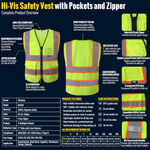 JKSafety Safety Vest for men women Hi Vis Vest with Pockets and Zipper High Visibility Reflective Vests BX320 - color: Yellow, size: Small