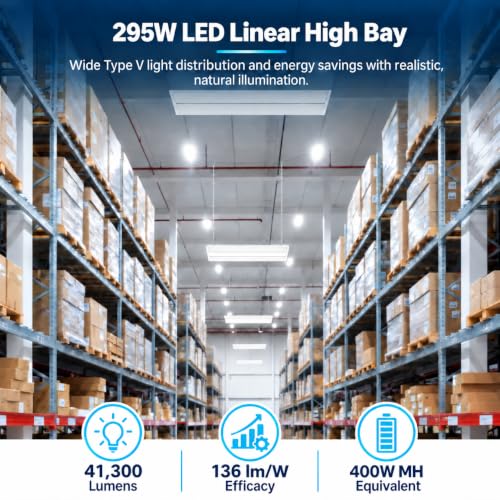 295W Linear LED High Bay Light with PIR Motion Sensor – 41300 Lumens, 5000K Daylight, 1000W Metal Halide Equivalent, UL Damp Rated, 120–277V, Suspended Mount, Warehouse & Industrial Lighting (10 Pack) - color: 10 Pack, size: 295W