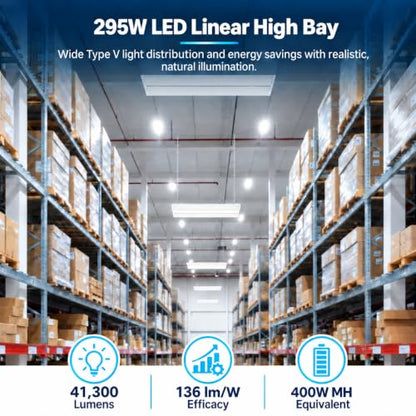 295W Linear LED High Bay Light with PIR Motion Sensor – 41300 Lumens, 5000K Daylight, 1000W Metal Halide Equivalent, UL Damp Rated, 120–277V, Suspended Mount, Warehouse & Industrial Lighting (10 Pack) - color: 10 Pack, size: 295W