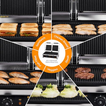 Bonnlo 813 Commercial Sandwich Make, 3600W Stainless Steel Countertop Panini Press Grill with Adjustable Temp 122°F–572°F, For Steak, Burgers, Home & Restaurant Use, 110V, Silver - size: 12.2"D x 22.2"W x 8"H