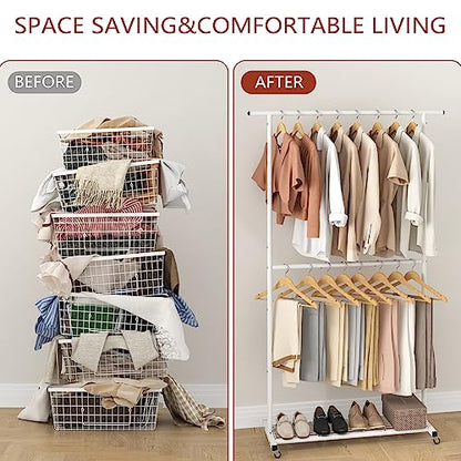 Sywhitta Double Rod Metal Clothing Rack on Wheels with Bottom Mesh,White - color: White, size: With mesh