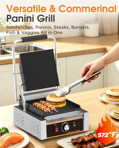 Commercial Panini Press - 1800W Electric Panini Sandwich Grill w/Nonstick Coating & Adjustable Temp, Stainless Steel, Panini Grill Press w/9"x9" Cooking Pan (Full Flat), Double-sided Heating - style: 9"x9" Smooth Plates