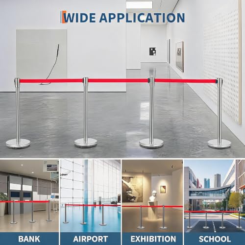 Crowd Control Barriers 2 Pack, 2 Stanchions with 2 Retractable Belts - color: Silver + Red, size: 2 Stanchions + 2 Belt