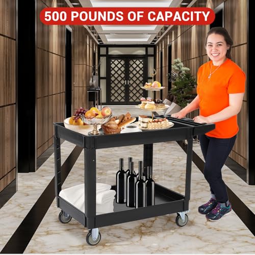 Utility Service Cart with Wheels and Two Trays, Service Cart 2-Shelf 500lbs, Rolling Utility Cart for Warehouse/Garage/Cleaning/Manufacturing, 2 Tier Heavy Duty Uline Tool Cart, 45"X25", Black - color: Black