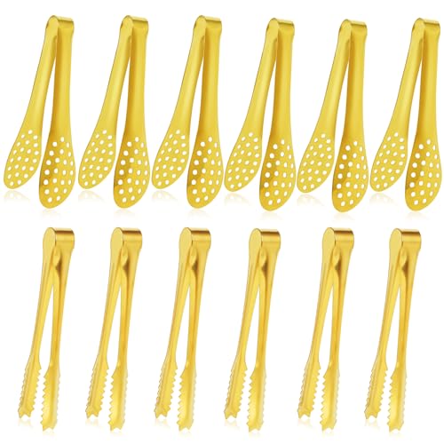 JCREN 12 Pack Mini Tongs - Small Stainless Steel Food Tongs for Serving Appetizers, Tea Party, Coffee, Desserts - 5 inch - Gold - color: Gold - 5 Inch