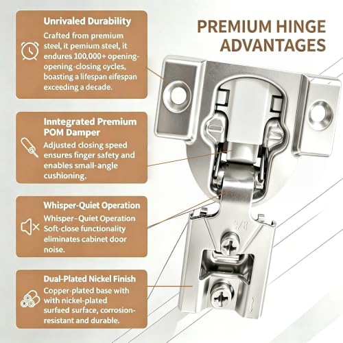 Soft‑Close 3/8" Overlay Cabinet Hinges, 105 Degree 3D Adjustable Concealed Hinges, Satin Nickel Finish, for Face Frame Kitchen Cabinet Doors, 2‑Pack (1 Pair) - size: 3/8inch Overlay