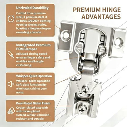 Soft‑Close 3/8" Overlay Cabinet Hinges, 105 Degree 3D Adjustable Concealed Hinges, Satin Nickel Finish, for Face Frame Kitchen Cabinet Doors, 2‑Pack (1 Pair) - size: 3/8inch Overlay
