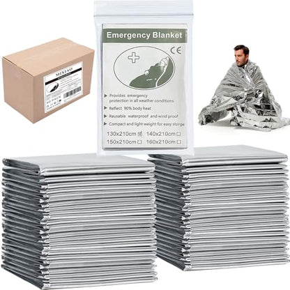 Emergency Foil Blanket 50 Pack Survival Thermal Mylar Reflective Blankets - color: Silver (50 Pack)