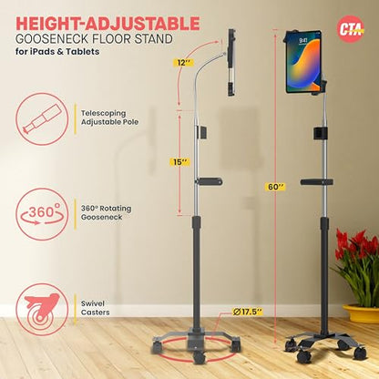 CTA Digital Mobile Floor Stand Compact, Adjustable Gooseneck Floor Stand with Handle & Swivel Casters For iPad Gen 7-10, iPad Air 4, 12.9”, Surface Pro, Zebra Tablets, & Other 7-13” Tablets (PAD-CGSH)