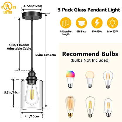 Licperron 2 Pack Modern Black Pendant Lighting, Clear Glass Shade Pendant Lights Kitchen Island, Hanging Ceiling Light Fixture, Farmhouse Pendant Lighting for Dining Room Bedroom Bar Office - size: 2-Pack