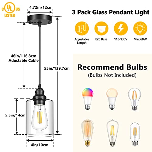 Licperron 2 Pack Modern Black Pendant Lighting, Clear Glass Shade Pendant Lights Kitchen Island, Hanging Ceiling Light Fixture, Farmhouse Pendant Lighting for Dining Room Bedroom Bar Office - size: 2-Pack