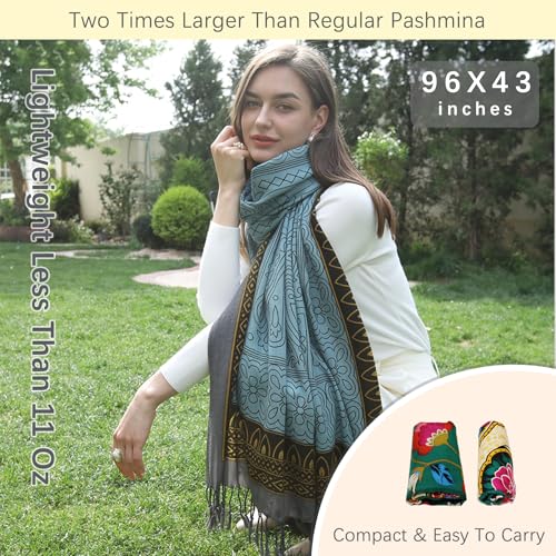 DANA XU 100% Merino Wool Extra Large Pashmina Shawl for Women - color: Blue Gold Floral