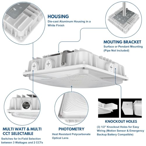 Konlite 63W/45W/30W LED Canopy Light - Selectable - 5000K/4000K - 9,360LM - Dimmable - 120-277V - 250W Equal, Residential & Commercial Indoor & Outdoor Light Fixture, UL, White - color: White, size: 1 PACK - 63W/45W/30W