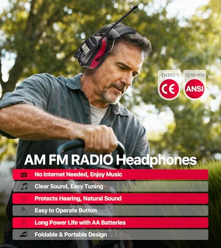 Digital AM/FM Radio Hearing Protection Earmuffs, 25 dB NRR - color: Am Fm Radio + Red
