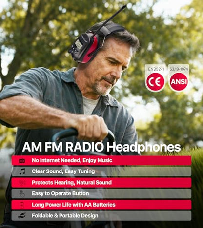 Digital AM/FM Radio Hearing Protection Earmuffs, 25 dB NRR - color: Am Fm Radio + Red