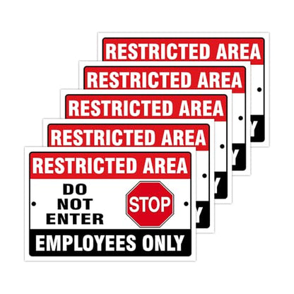 Do Not Enter Restricted Area Employees Only Signs Outdoor - 8x12 Rust Free Aluminium Metal No Entry Sign, UV Protected, Waterproof, Weather Resistant, Durable Ink and Easy to Install & Read - 2 Pre-drilled Holes (Pack of 5, 12"x18") - color: Pack of 5, si