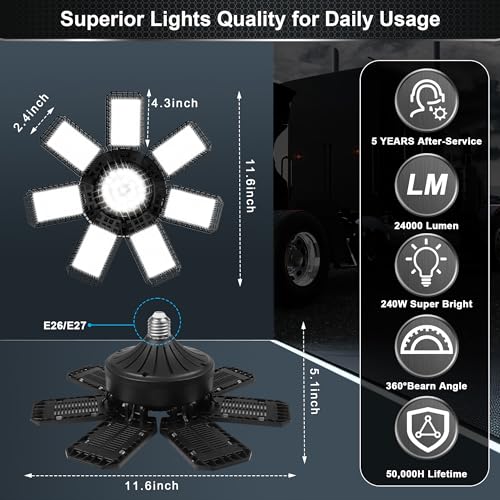 AUDLES 6 Pack LED Garage Light, 240W 24000LM 6500K LED Shop Lights, Garage Lights Ceiling Led with 7+1 Deformable Panels, E26/E27 Bulb Socket Lighting for Shop, High Bay, Attic, Basement, Warehouse - size: 240W-6PACK