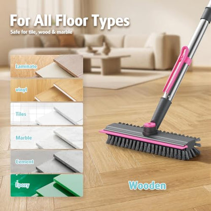 AIR U+ Floor Scrub Brush with Long Handle, 4 in 1 Floor Scrubber & Squeegee - color: Gray and Pink