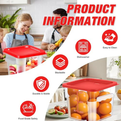 Square Storage Container with Lid, Commercial Box with Measurement Marks & Handle, for Baking, Dough Proofing, Meat Brining, Kitchen Tool (Red, 6QT-4PACK) - size: 6QT-4PACK
