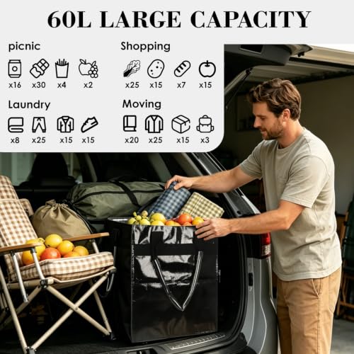 Reusable Grocery Bag on 4 Swivel Wheels, 60L Large Rolling Tote Bag - color: Black