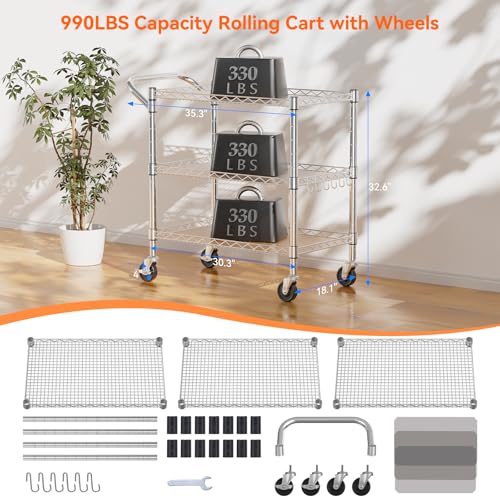 NTE 3 Tier Heavy Duty Rolling Utility Cart on Wheels, 990Lbs Capacity Rolling Wire Cart, Kitchen Carts on Wheels, NSF Commercial Metal Serving Cart with Handle and Shelf Liners for Kitchen, Restaurant - color: Sliver