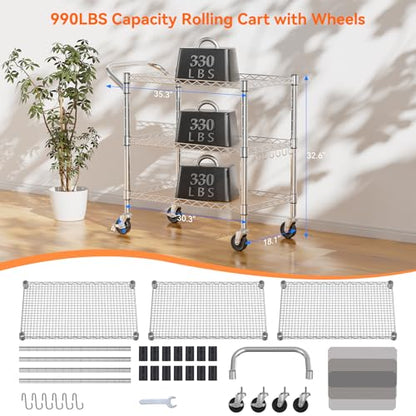 NTE 3 Tier Heavy Duty Rolling Utility Cart on Wheels, 990Lbs Capacity Rolling Wire Cart, Kitchen Carts on Wheels, NSF Commercial Metal Serving Cart with Handle and Shelf Liners for Kitchen, Restaurant - color: Sliver