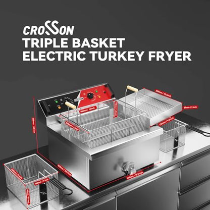 CROSSON 24Lbs Electirc Triple Basket Turkey Fryer With Oil Drain Spout,Oil Drain Rack,Commercial Countertop Donut Deep Fryer To Fry a Whole Fish or Turkey - size: Tripple Basket,24L