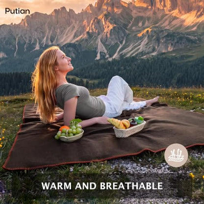 PuTian 100% Wool Blanket - Camping Outdoor Blanket, 63"×48", Brown - color: Brown, size: 63" × 48"