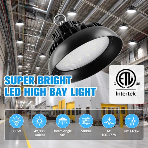 Fiqevs High Bay LED Shop Light 6 Pack, 300W, 45,000LM, 5000K, AC100-277V