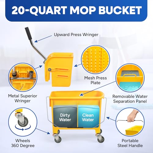PLASTIC PRINCE Mop Bucket with NEW Reinforced Metal Wringer on Wheels Small 5 Gallon Dual Chamber Industrial Mop Bucket with Reinforced Metal Wringer Separate Dirty Water 20 Quart Yellow