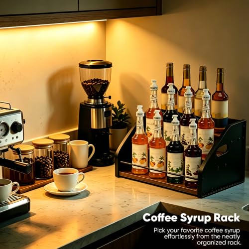 3-Tier Coffee Syrup Rack with Easy-Carry Handles | Retro Large Countertop Bottle Organizer Shelf |15 Syrup Bottles Holder | Sturdy Freestanding Bar Stand for Coffee, Whiskey & Spirits - color: 3-tier Brown