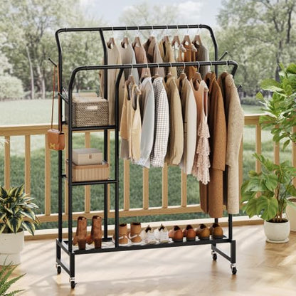 Yoobure Double Rods Clothes Rack - Portable Clothing Rack with Wheels, Rolling Garment Rack with 3-Tier Shelves & 4 Hooks, Freestanding Clothing Racks for Hanging clothes