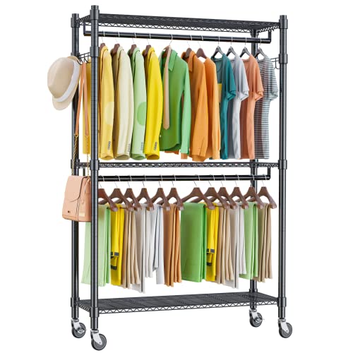 Homdox Double Rod Closet 3 Shelves Wire Shelving Clothing Rolling Rack Heavy Duty Garment Rack with Wheels and Side Hooks - color: Black, size: 17.72"D x 47.24"W x 80.71"H