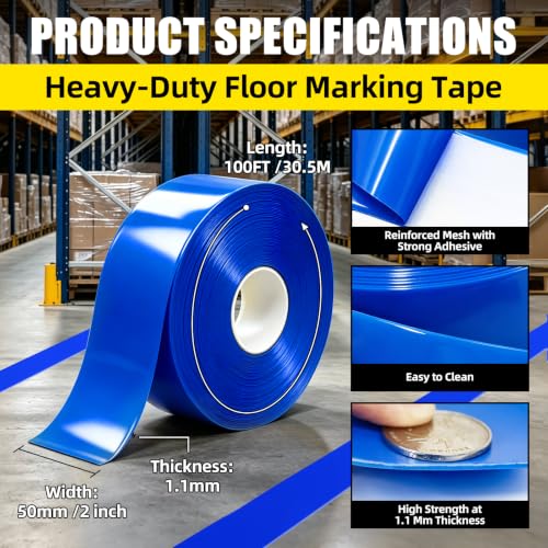 Blue Floor Marking Tape, 1.1mm Extra Thick Industrial Safety Tape, 2 in Width x 100FT, Warning Tape for Warehouse, Concrete, Harsh Conditions, Forklift, High Traffic Floors (2, Inches) - color: Blue, size: 2 Inch x 100 FT