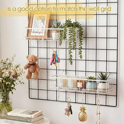 White 4 Pack Wire Baskets, Grid Wall Hanging Baskets, 16 S Hooks - color: White